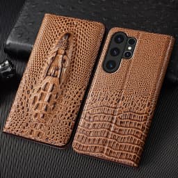 Crocodile Head Genuine Flip Leather Case For Samsung Galaxy S7 S8 S9 S10 S10e S20 S21 S22 S23 S24 S25 Plus FE Ultra Cover Cases