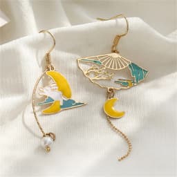 Chinese Style Folding Fan Birds Cloud Hanging Dangle Ethnic Earring Women Asymmetric Fish Cat Rabbit Bird Animal Drop Earrings