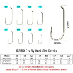 ICERIO 100PCS Nymphs Dry Wet Fly Tying Hook Down Eye 1X Long Shank Round Bend Trout Fishing Hooks