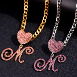 Hip Hop Pink A-Z Cursive Letter Initial Heart Pendant Necklace For Women Bling Iced Out Cuban Zircon Chain Necklace Punk Jewelry