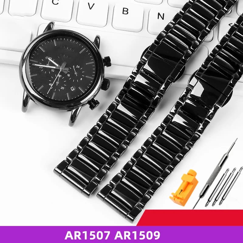 22mm Black High-Grade Bright Ceramic Strap Bracelet Watchbands for Armani Watch AR1507 AR1509/70002 AX7105 Ceramic Watch