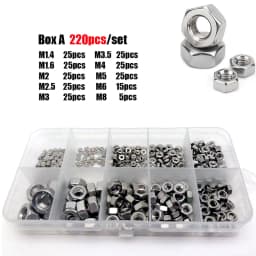 220/294pcs M1 M1.2 M1.4 M1.6 M2 M2.5 M3 M3.5 M4 M5 M6 M8 M10M12M16 304 Stainless Steel DIN934 Hex Hexagon Nut Set Assortment Box