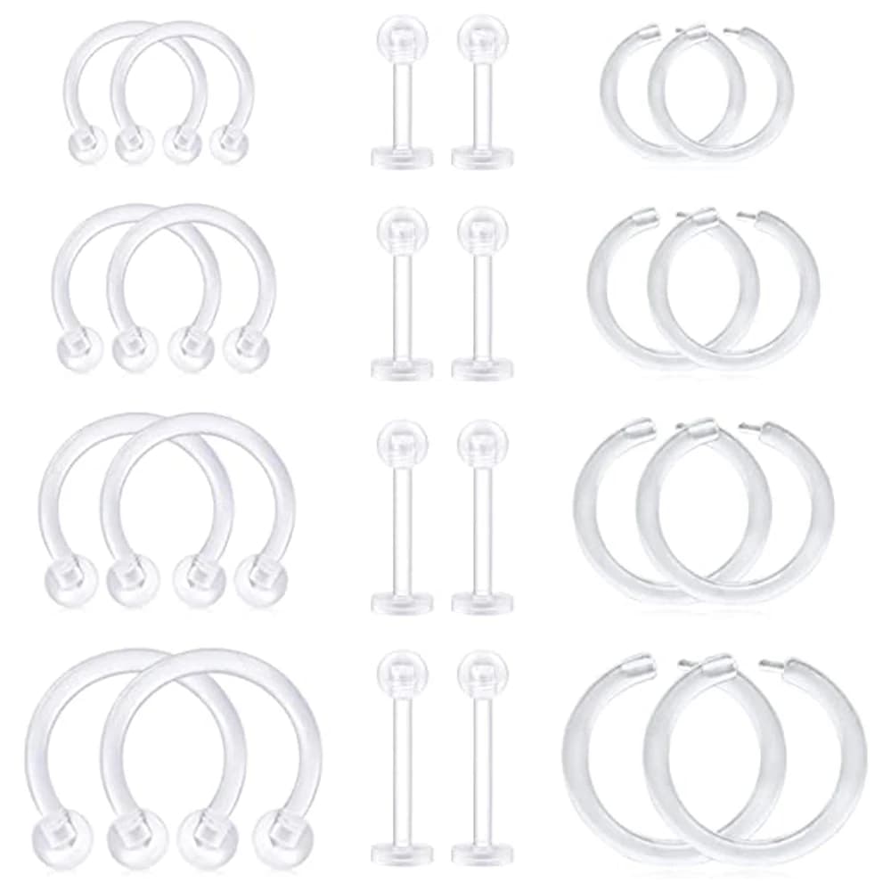 24pcs Clear Piercing Retainers Flexible Cartilage Helix Daith Rook Tragus Earring Bioflex Plastic Nose Septum Lip Eyebrow Rings