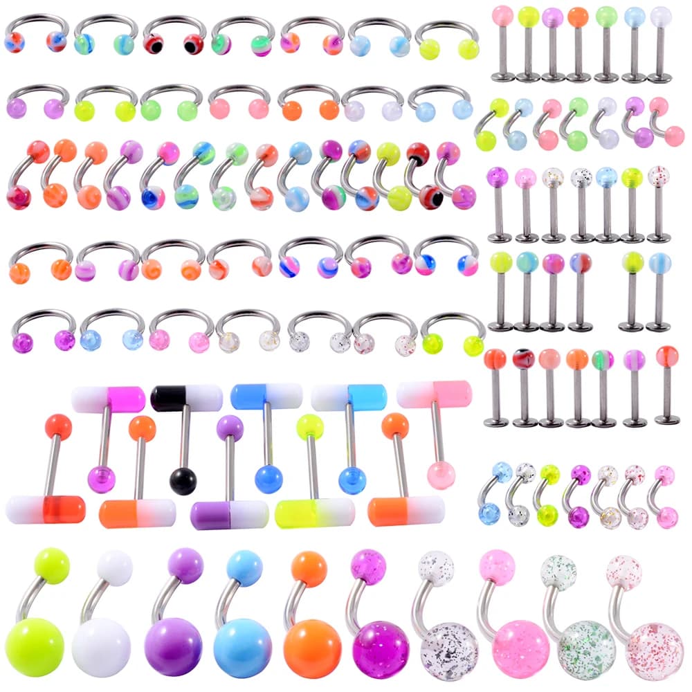 8/10/14pcs Acrylic Colorful Mixed Style Nose Ring Tongue Lip Eyebrow Ring Ear Studs Tragus Helix Lobe Ball Piercing Body Jewelry