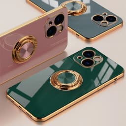 Luxury Plating Silicone Case For iPhone 16 15 14 13 12 11 Pro Xs Max Mini SE XR 8 Metal Ring Holder Stand Shockproof Soft Cover