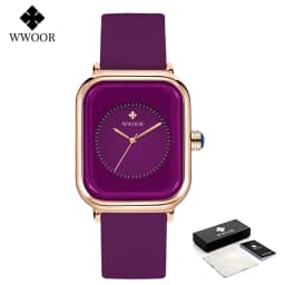 WWOOR Luxury Brand Watches For Women Fashion Square Purple Ladies Quartz Wristwatch Waterproof Silicone Band Relogio Feminino