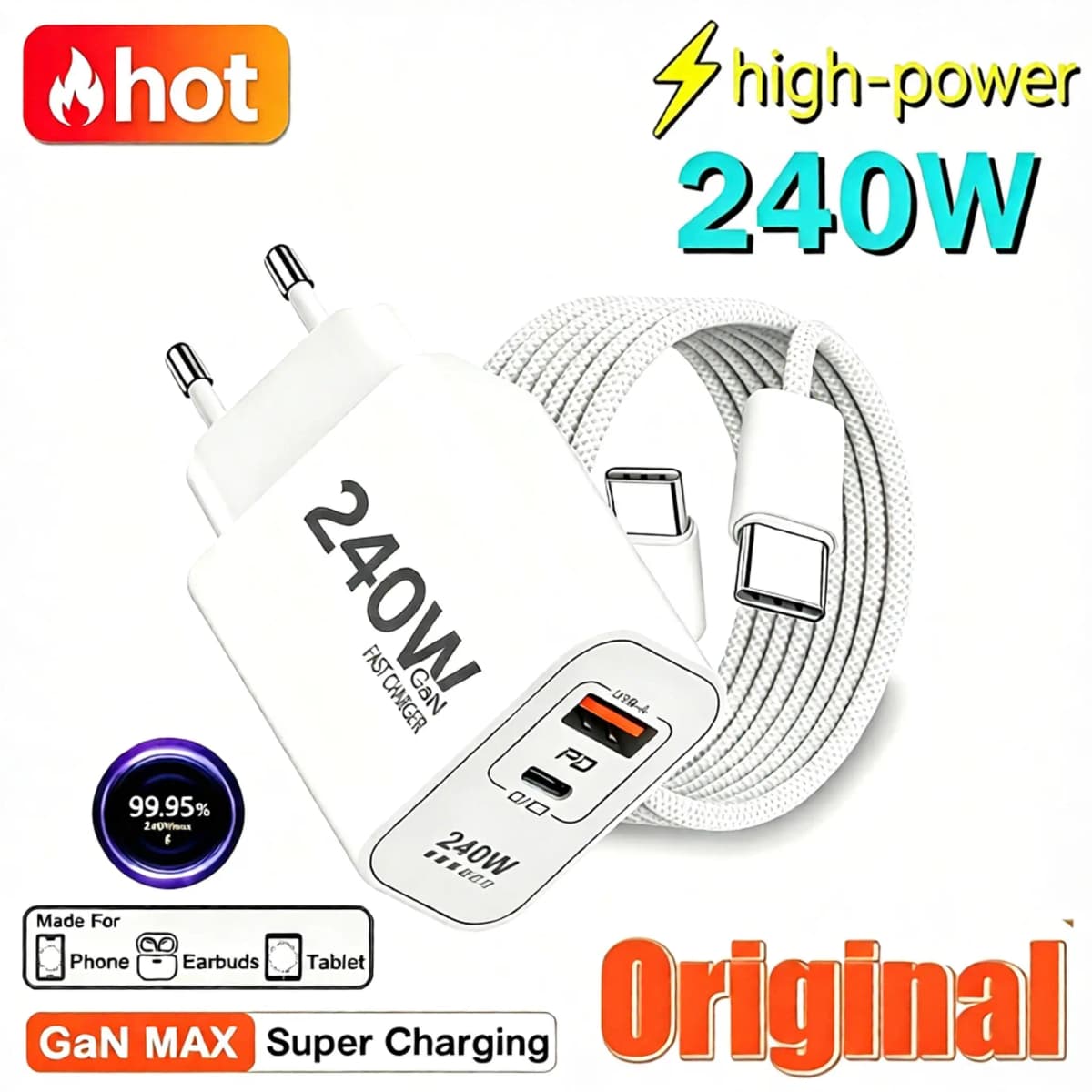 New Original 240W GaN Fast Charger USB PD 2 In 1 Super Fast Charging EU/US Plug Adapter for IPhone15 16 17 Samsung Huawei Xiaomi