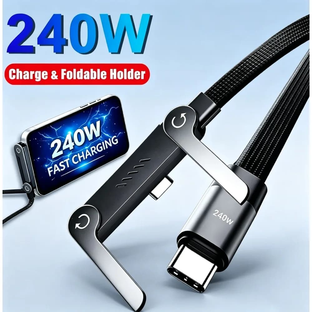 2-in-1 240w Built In Phone Stand Charging Cable USB C To USB C Quick Charge Data Wire For iPhone 17 Foldable Bracket Type C Cord