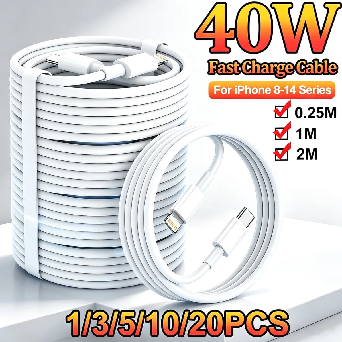 1-20Pcs PD 40W For iPhone 14 Pro Max Fast Charge Cable For iPhone 13 12 11 Pro Max For iPad X SX USB A Quick Charging Data Cable