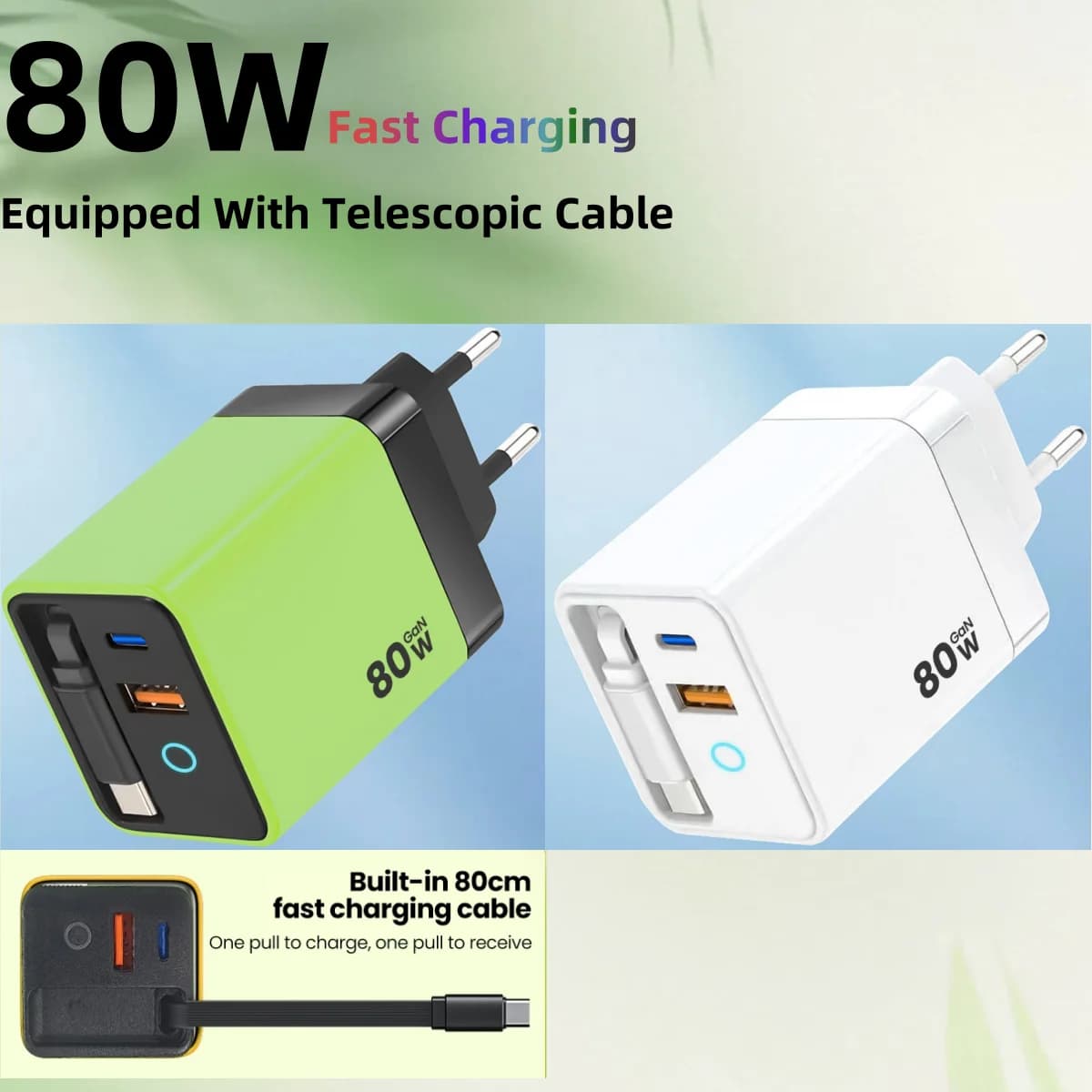 80W GaN USB+PD Fast Charger USB3.0 With Retractable Type C Cable For iPhone 16 15 Samsung MacbookMacbook Quick Charging Adapter