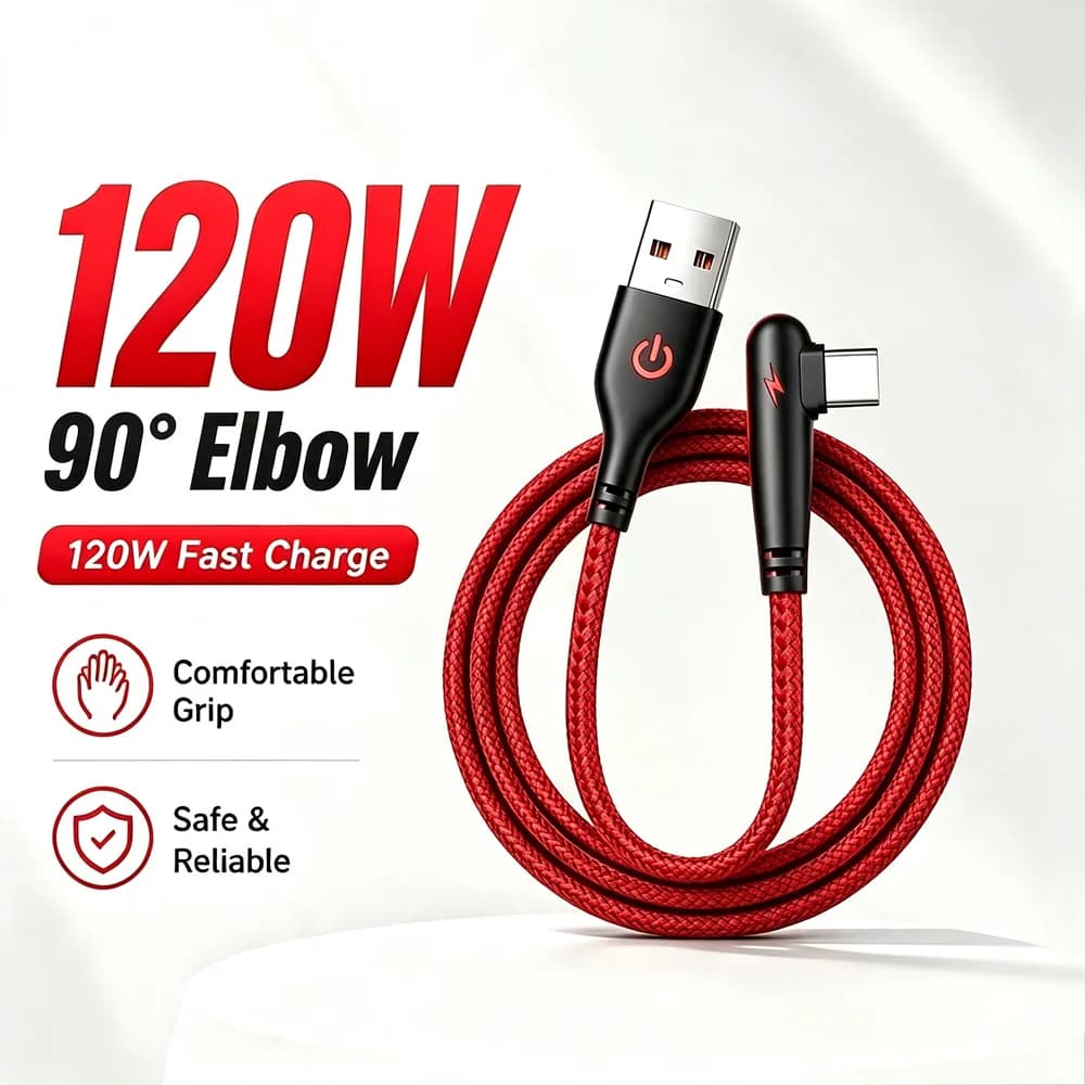 120W 90 Degree Right Angle Type-C USB Fast Charge Cable For iPhone 15 16 17 Huawei Honor Xiaomi Redmi POCO Rapid Charging Cable