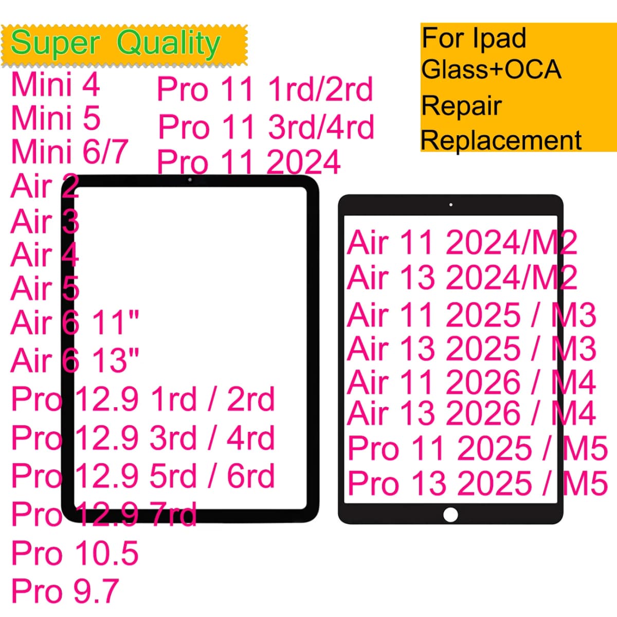 10Pcs For iPad Pro 11 13 M5 Air 13 11 M4 M3 M2 Air 6 5 4 3 Mini Pro 12.9 10.5 9.7 Touch Screen Panel Front Outer Glass With OCA