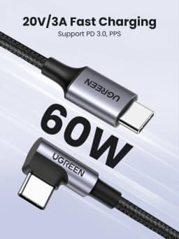 UGREEN 90-Degree USB-C to USB-C Cable PD60W Fast Charging for iPhone 17 Samsung S25 iPad Type-C Cable Cord 20V 3A Gaming Cable