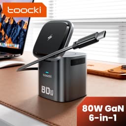 Toocki 80W 6-in-1 GaN Charging Station Type C PD 65W Retractable Fast Charger Wireless Adapter For iPhone 16 17 iWatch AirPods