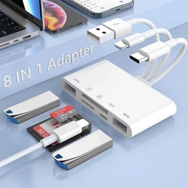8-in-1 Universal Card Reader SD/TF Slots USB3.0/Type-C/LigtingOTGCamera Adapter For Android/iPhone/iPad External Installation