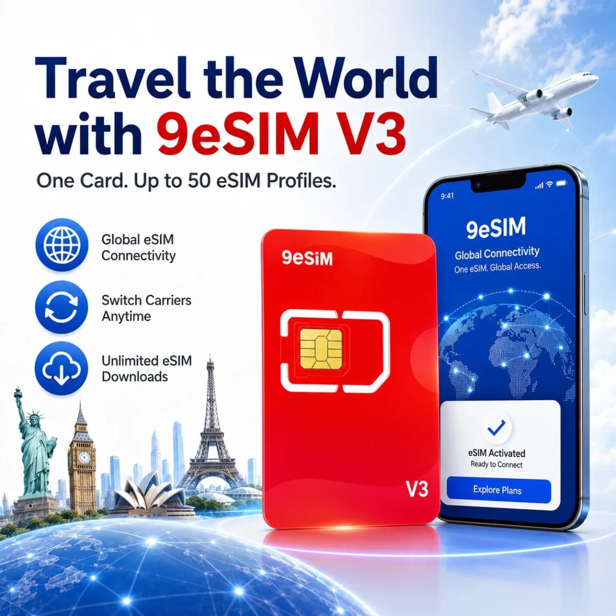 9esim V3 Physical ESIM Write Card Mobile Unlimited Download Profile Compatible with ESIM Unlocked Mobile Phones Support STK Menu