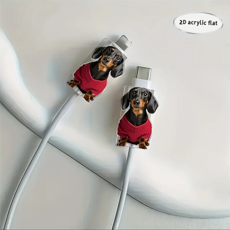 2pcs 2D Flat Dachshund Dog Pattern Cable Protector Connector Plastic Phone Charger Cord Cover For iPhone/Type-C