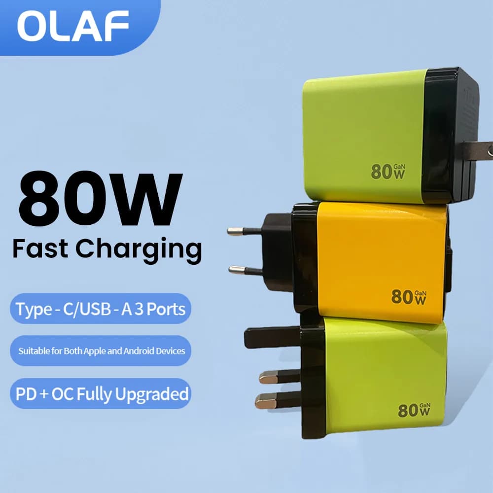 Olaf 3 in 1 80W Gan USB Charger with Retractable type c cable Type C Charger fast Charging for iPhone 15 16 iPad Laptop Huawei