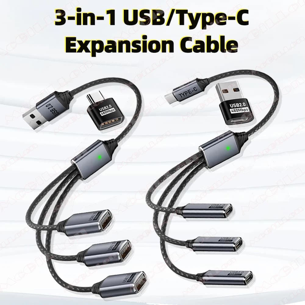 3 in 1 USB A Type C Splitter Cable USB 2.0 Hub OTG Converter Adapter with Charging Data Transfer for Smartphone Laptop Tablet