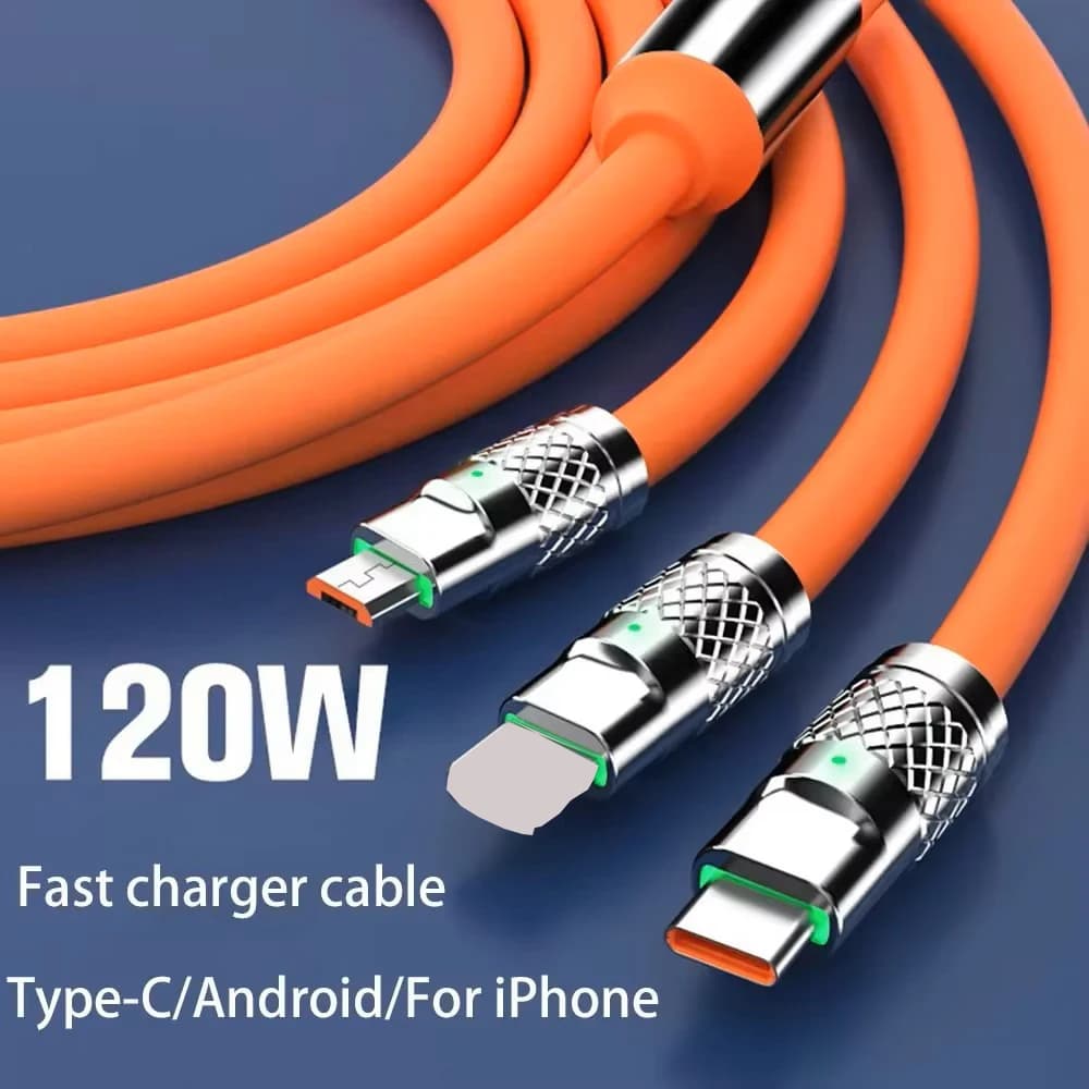 3 in 1 USB Cable 6A 120W USB Cable Fast Charging Data Cord For Iphone Samsung Huawei Xiaomi Multi Port Multiple Charging Wire