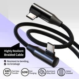 USB-C to Type-C 60W 3A Fast Charging Cable, 90° Angled Design, Nylon Braided. For Type-C Phones/Tablets/Headphones. 25cm/50cm/1m