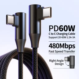USB-C to Type-C 60W 3A Fast Charging Cable, 90° Angled Design, Nylon Braided. For Type-C Phones/Tablets/Headphones. 25cm/50cm/1m