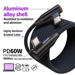 USB-C to Type-C 60W 3A Fast Charging Cable, 90° Angled Design, Nylon Braided. For Type-C Phones/Tablets/Headphones. 25cm/50cm/1m