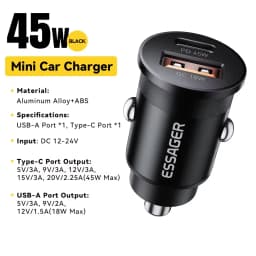 Essager 45W Car Charger QC 3.0 For Huawei Xiaomi Quick Charge SCP Samsung AFC Quick Charge PD 3.0 Type C Portable Phone Charge