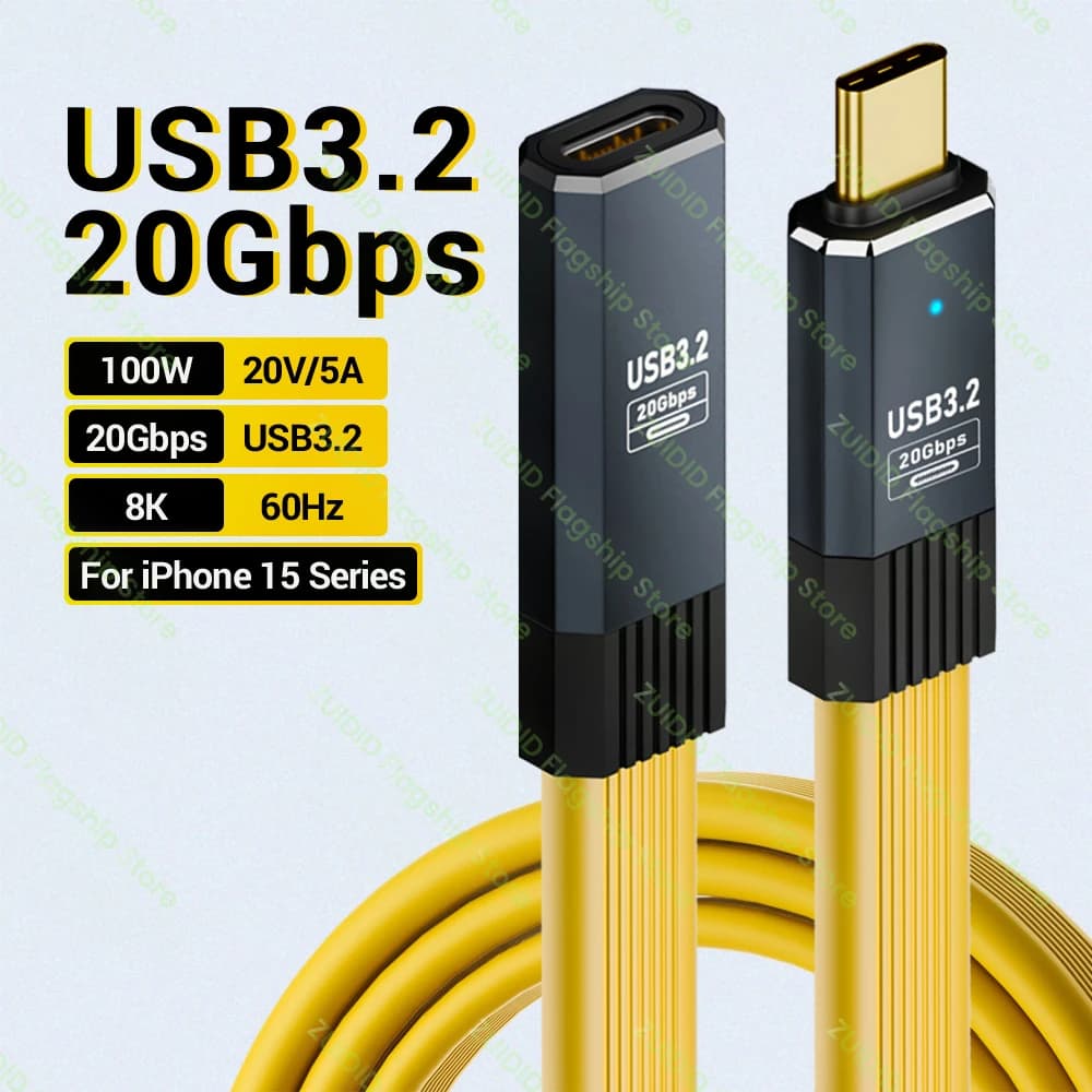 Flat USB3.2 20Gbps ThunderBolt 3 Type C to C Extension Data Cable PD100W 5A USB-C Cord For iPhone 16 15 Pro MacBook Pro Samsung
