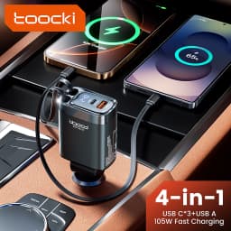Toocki 4 IN 1 Retractable Car Charger 105W Mobile Phone Charger Type C Cable For iPhone 16 15 Fast Charge Cord Cigarette Adapter