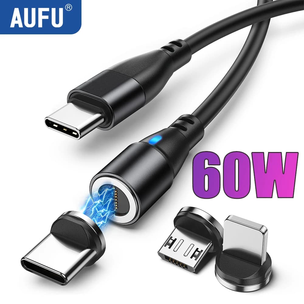 AUFU Magnetic USB Type C Cable For iPhone Xiaomi Macbook PD 60W Fast Charging Micro USB Type-C Magnet Charging Cable Data Wire