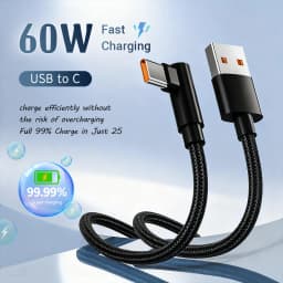 60W USB Type-C 90° Fast Charging Cable Degree Elbow Type-C Fast Charging Cord for Samsung Xiaomi Huawei OnePlus Android Devices