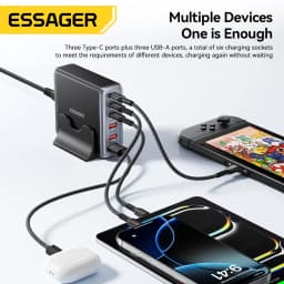 Essager 85W GaN USB Charger6in1 Desktop Fast Charge USB Type C Charger For iPhone17 16 15Pro Xiaomi Samsung Smartphone Laptop
