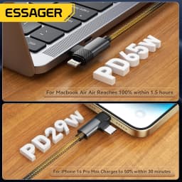 Essager 2-in-1 Right Angle Cable C-L 29W C-C 65W Fast Charging Elbow Data Cable For iPhone 15 14 13 MacBook Lenovo Dell iPad Pro