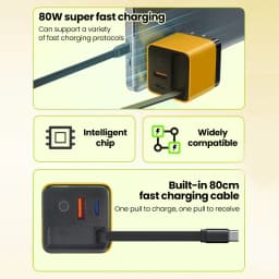 80W USB Charger with Retractable Type C Cable USB C Charger for iPhone 16 15 Huawei iPad Laptop Type C Mobile Phone Fast Charger