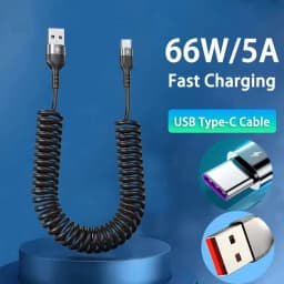 USB Type C 66W Car 5A Fast Charging Type C to Type C Spring Telescopic Cable For iPhone 15 Samsung Huawei Xiaomi Redmi OnePlus