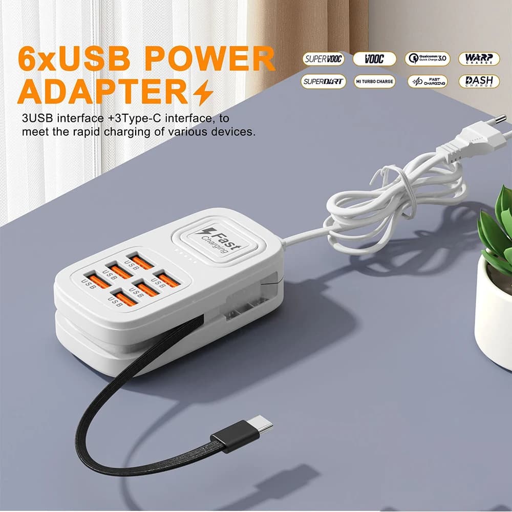 6 in 1 Fast Charging Power Strip 3USB+3Type-C Mobile Phone EU/UK/US Plug Desktop Charger Station USB HUB Adapter Socket 1m Cable