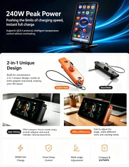 USB Type C Flat Charger Charging Cable C Kick Cable Stand With Invisible Support Foldable Phone Holder 240W Charge Wire Bracket