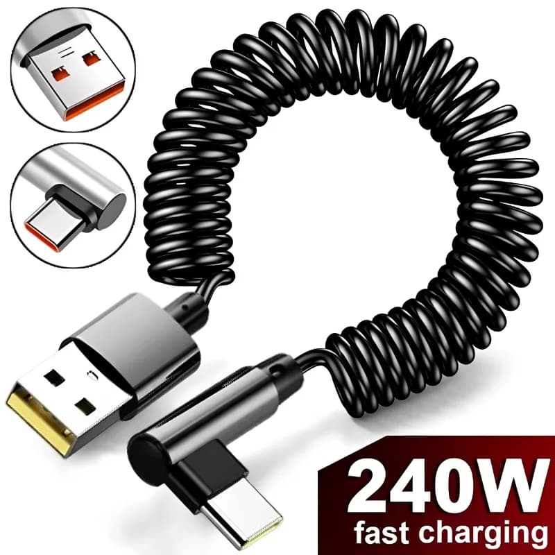 Extensible 240W Short Spring Data Cable Elbow USB A To Type C Fast Charging Cable for IPhone Samsung Huawei Phone Charger Wire
