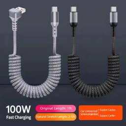 90 Degree USB C to Type C Coiled Braided Charger Cable,Retractable Fast Charging Cord for iPhone 17/16, Samsung Galaxy S25/S24
