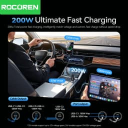 Rocoren 200W Car Charger Fast Charge PD100W USB Type C Car Charger With Spring Charging Cable for iPhone MacBook Huawei Laptops