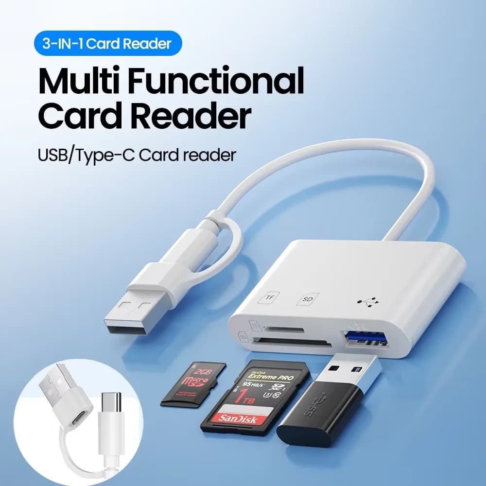 High-Speed USB3.0 3-in-1 Card Reader Adapter Multifunctional FlashCard Reader for PC/Laptop with USB/Type-C SD/TF Memory Card Sl