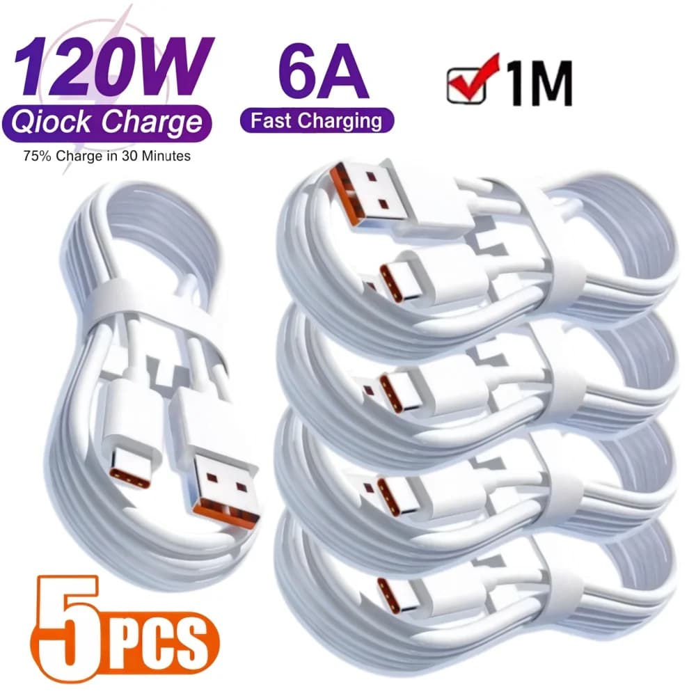 5PCS 6A 120W Type C Super Fast Charging Cable Data Cord For Samsung Huawei Xiaomi Quick Charing USB C Cables