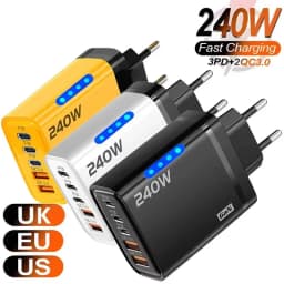 240W Gan Fast Charger With LED Light 2USB+3Type-C Multi Port Fast Charging Phone Charger For Iphone16 17 Samsung Huawei Xiaomi
