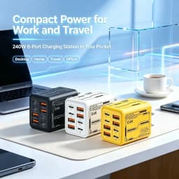 8‑in‑1 GaN 240W PD Desktop Charger 4PD 4USB Multi‑Port Power Adapter For iPhone 16 Xiaomi Samsung Notebook EU US Plug