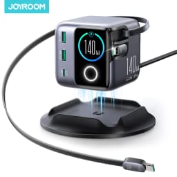 Joyroom 140W GaN Desktop Charger USB C & USB A Smart Display Fast Charger With Retractable Cables For Phones, Tablets, Laptops
