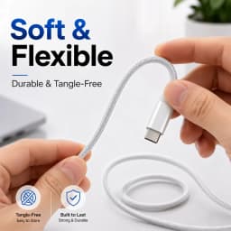 60W USB C to USB C Cable Fast Charging, White Braided PD Charger Cord for iPhone 15 16, iPad, MacBook, Samsung