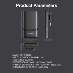 65W GaN 2-port Flat USB-C Wall Charger With USB C Fast Charging Ultra-thin Foldable Plug Suitable For iPhone Xiaomi Samsung