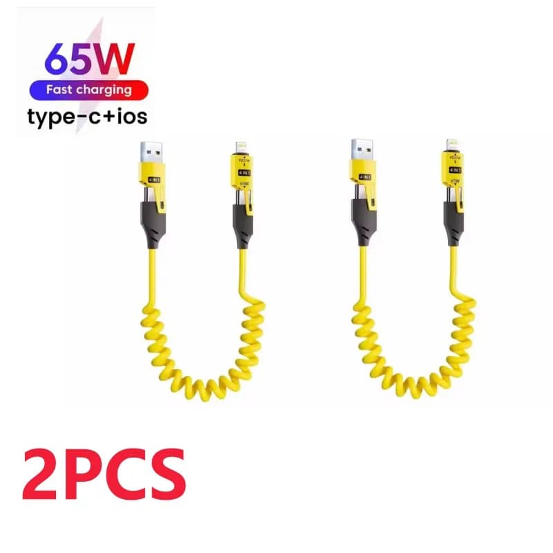 2PCS 4 in 1 65W Spring Short Data Cable 6A USB Type C Spring Telescopic Quick Charger Wire Spring USB Cable for iPhone 15 141312