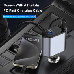 120W Fast Charging Car Charger Dual Retractable Type‑C Cables Dual USB‑A Digital Voltage Display Car Cigarette Lighter Adapter